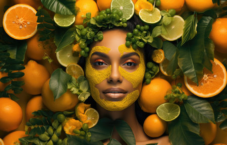 Abstract art portrait of young woman with flowers decoration comelinessの素材