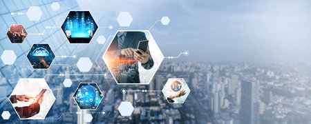 Communication technology , smart connection IOT and people network technology concept. People using...