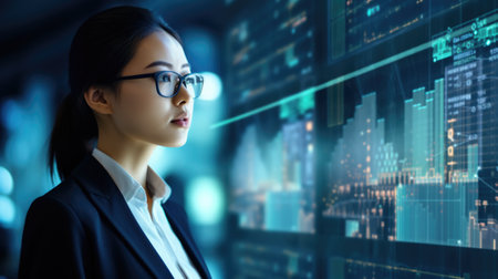 Business person overloaded by stress from business data and information that come from work, technology, social media and marketing business strategy received by a corporate employeeの素材