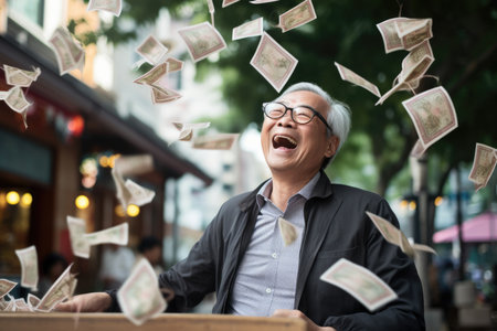Happy person getting bonus money and banknotes flying in the air and get lucky rich and financial freedom comelinessの素材