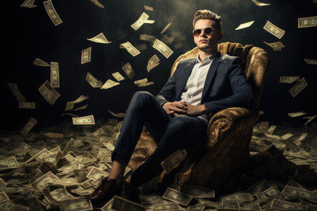 Billionaire on Huge Pile of Banknotes Rich and Prosperity Comelinessの素材