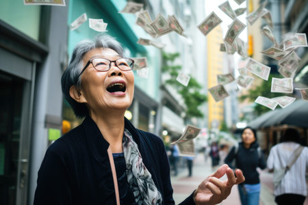 Happy person getting bonus money and banknotes flying in the air and get lucky rich and financial freedom comelinessの素材