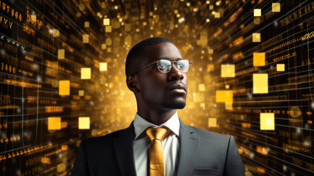 Tech analyst study cyber data chart from corporate system for statistical analytic defining marketing plan and strategy to compete in futuristic technology businessの素材