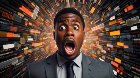 Business person overloaded by stress from business data and information that come from work, technology, social media and marketing business strategy received by a corporate employeeの素材