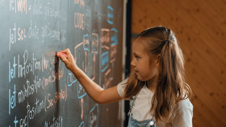 Panorama shot of smart girl writing engineering prompt on blackboard. Caucasian student planing a project by using coding and programing system in STEM technology innovative class. Closeup. Erudition.の写真素材