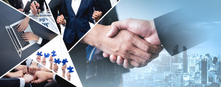 Teamwork and human resources HR management technology concept in corporate business with people group networking to support partnership, trust, teamwork and unity of coworkers in office vexelの写真素材