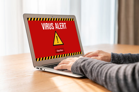 Virus warning alert on computer screen detected modish cyber threat , hacker, computer virus and malwareの写真素材