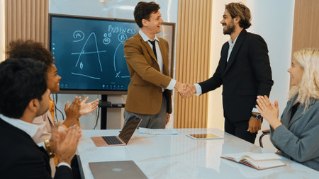 Ornament meeting room with group of diversity business people or office worker college shake hand...