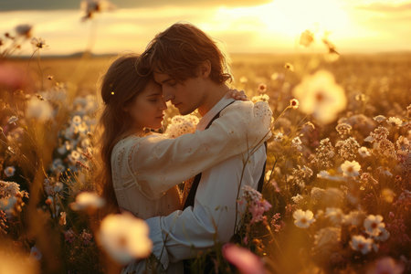 beautiful romance of lovers on valentines day in nature outdoors embracing with affection pragma .の素材