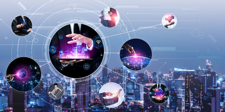 Communication technology , smart connection IOT and people network technology concept. People using...