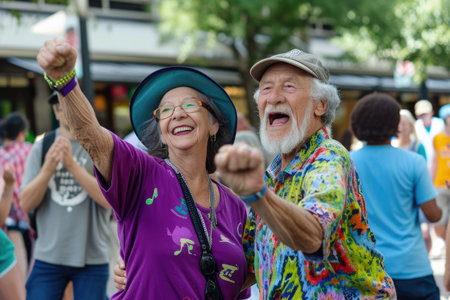 senior people dance on the street in fun festival pragma , happy retirement conceptの素材