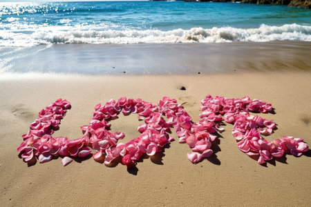 romantic beach of love rose petals on the coastline wide view pragmaの素材