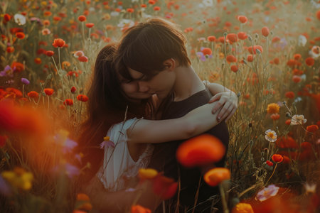 beautiful romance of lovers on valentines day in nature outdoors embracing with affection pragma .の素材