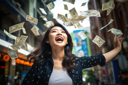 Happy person getting bonus money and banknotes flying in the air and get lucky rich and financial freedom comelinessの素材
