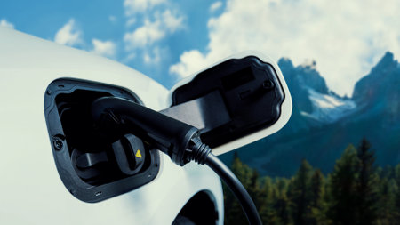 Electric car plugged in with charging station to recharge battery by EV charger cable with nature vacation background. Future innovative ev car and energy sustainability. Peruseの写真素材