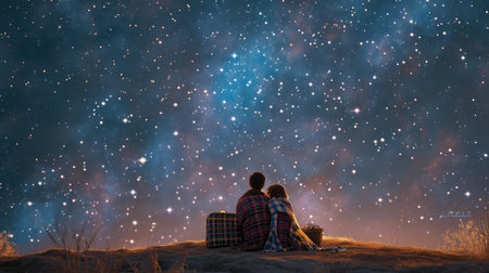 two lovers romantic night couple looking at stars in the sky sitting on green grass field , ultra wide, pragmaの素材