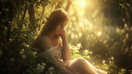 young beautiful woman with nature pragma, green spring season ladyの素材