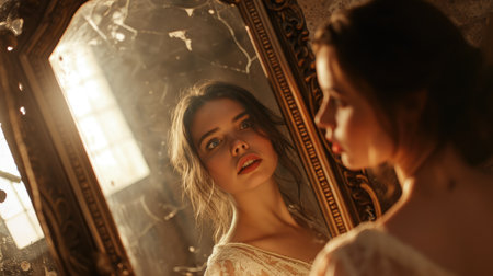 young woman looking herself in beautiful mirror pragmaの素材