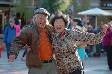 senior people dance on the street in fun festival pragma , happy retirement conceptの素材
