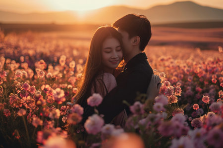 beautiful romance of lovers on valentines day in nature outdoors embracing with affection pragma . asian japanese or chinese people .の素材