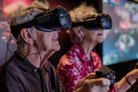senior people playing fun vr game in lounge room pragmaの素材