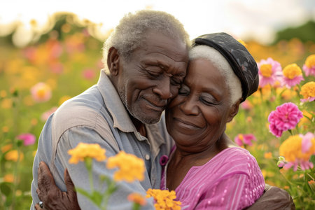 beautiful romance of lovers on valentines day in nature outdoors embracing with affection pragma . african american black people .の素材