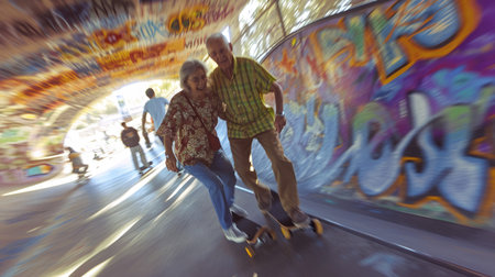 senior couple play in skateboard park pragma , happy retirement conceptの素材