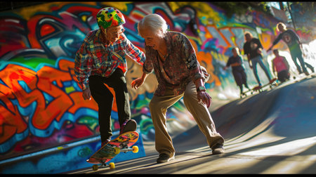 senior couple play in skateboard park pragma , happy retirement conceptの素材