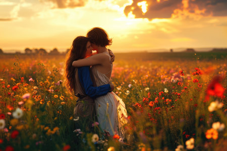 beautiful romance of lovers on valentines day in nature outdoors embracing with affection pragma .の素材