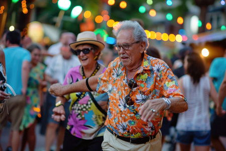 senior people dance on the street in fun festival pragma , happy retirement conceptの素材