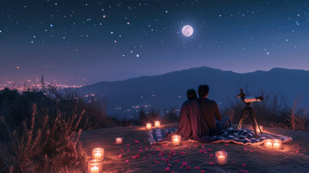 young couple looking out to romantic night sky in valentines day pragmaの素材