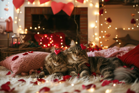 A couple of happy kittens cats together in a cozy room. Kittens loving each other. Adorable cat hugs for Valentines Day. pragmaの素材