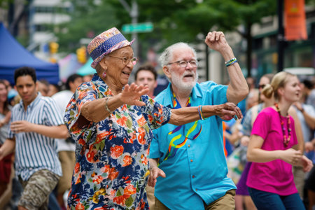 senior people dance on the street in fun festival pragma , happy retirement conceptの素材