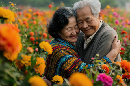 beautiful romance of lovers on valentines day in nature outdoors embracing with affection pragma . asian chinese or japanese peopleの素材