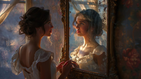 young woman looking herself in beautiful mirror pragmaの素材