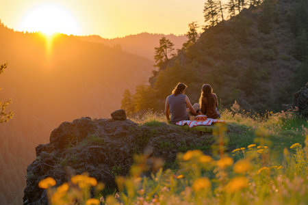 romantic sunrise mountain hiking with love of travel pragmaの素材