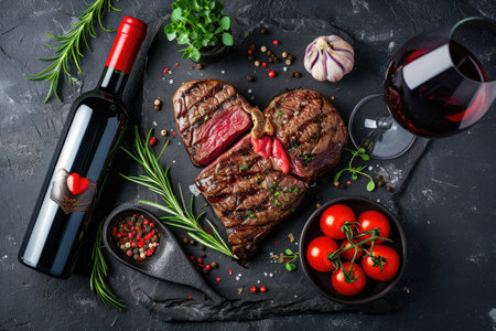 grilled beef steak for valentines day pragma in black backgroundの素材