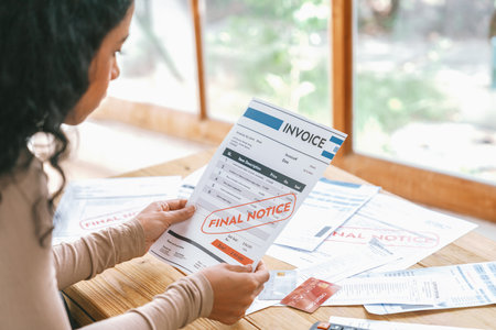 Stressed young woman has financial problems with credit card debt to pay crucial show concept of bad personal money and mortgage pay management crisis. sad and unhappyの写真素材
