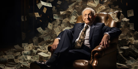 Billionaire on Huge Pile of Banknotes Rich and Prosperity Comelinessの素材