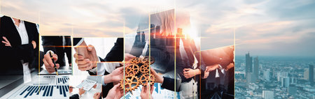 Teamwork and human resources HR management technology concept in corporate business with people group networking to support partnership, trust, teamwork and unity of coworkers in office vexelの写真素材