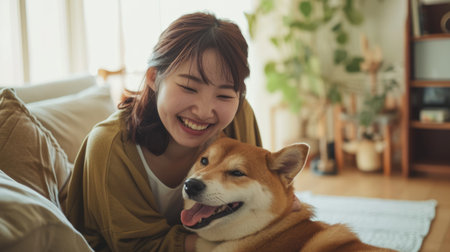 happy people at home with favorite pet , love and friendship of human and animal pragmaの素材
