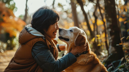 playful dog and its owner in nature outdoor , healthy lifestyle pragmaの素材