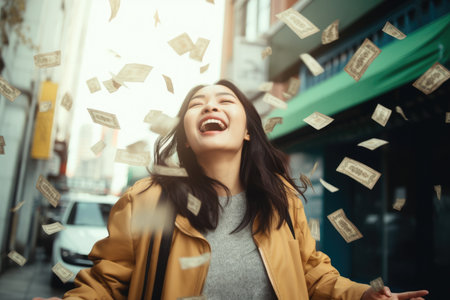 Happy person getting bonus money and banknotes flying in the air and get lucky rich and financial freedom comelinessの素材