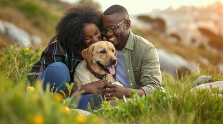 playful dog and its owner in nature outdoor , healthy lifestyle pragmaの素材