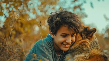 playful dog and its owner in nature outdoor , healthy lifestyle pragmaの素材