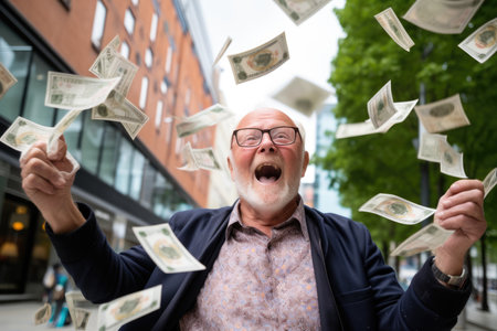 Happy person getting bonus money and banknotes flying in the air and get lucky rich and financial freedom comelinessの素材