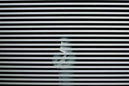 Scary eye peek out of strip lines abstract concept of unhappy vision minimal comelinessの素材