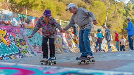 senior couple play in skateboard park pragma , happy retirement conceptの素材