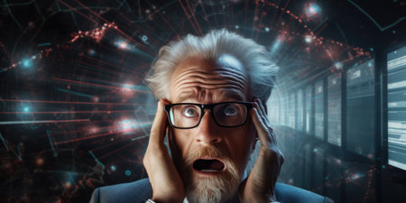 Business person overloaded by stress from business data and information that come from work, technology, social media and marketing business strategy received by a corporate employeeの素材