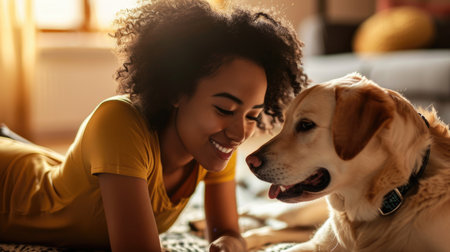 happy people at home with favorite pet , love and friendship of human and animal pragmaの素材